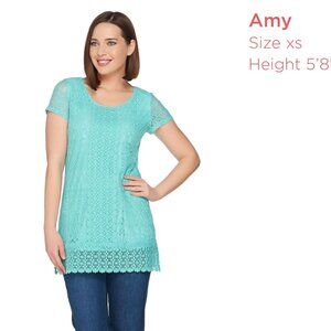 Isaac Mizrahi Live Blue Turquoise Knit Short Sleeve Lace Tunic Top Size XS